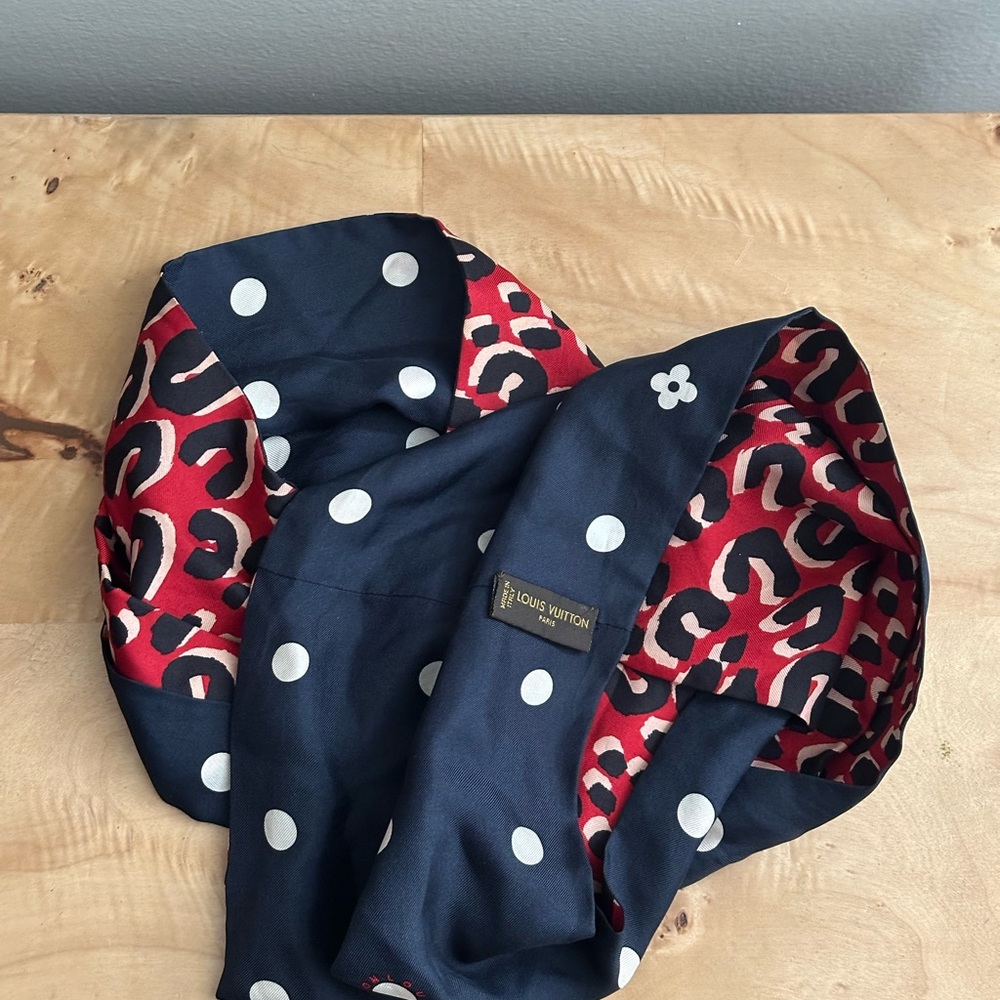 Louis Vuitton Red and Blue Polka Dot and Leopard Print Scarf - Picture 2 of 6